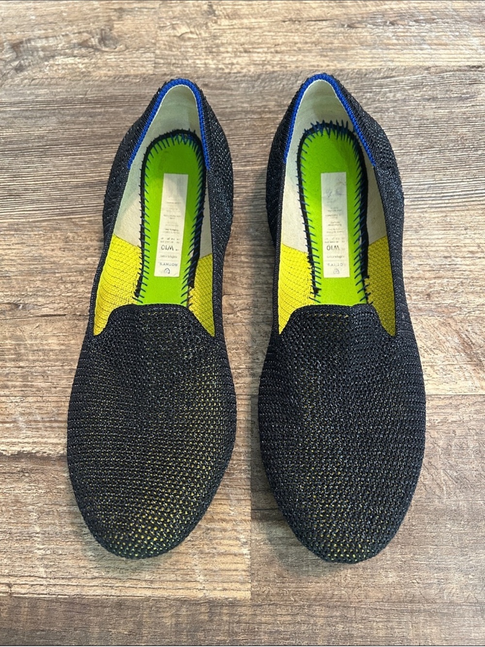 Rothy's Black Knit Loafers with Yellow-Green Insole
